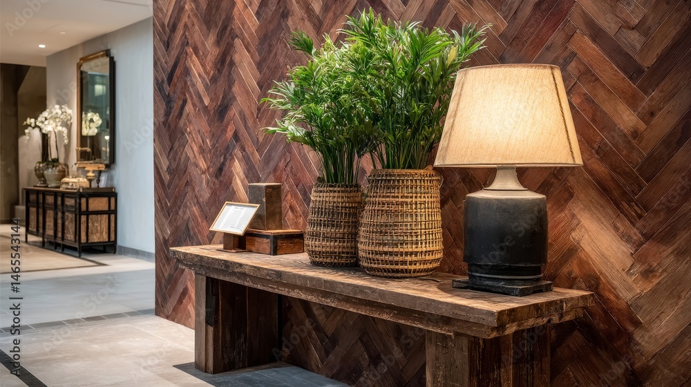 Aufkleber a tabletop arrangement showcases dark wood texture, potted greenery, a glowing lamp, and an oval mir