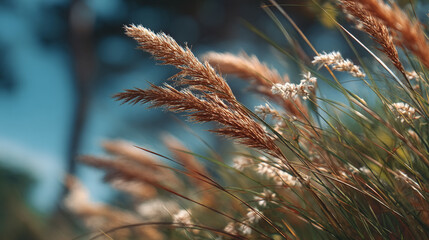 A close-up photo of vibrant green grass blades captured from a low angle on a sunny day. Generative AI