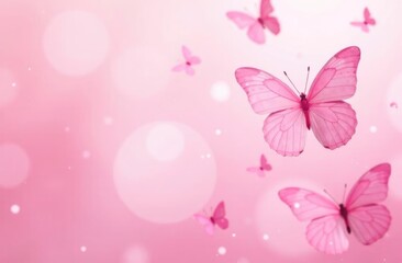 Spring background with pink blossom and fly butterfly. Beautiful nature scene with blooming tree and sun flare