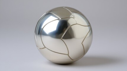 Naklejka premium Chrome-like orb with deep curves and segmented design rests on a neutral grey background, revealing striking reflections and ample copy space for customization