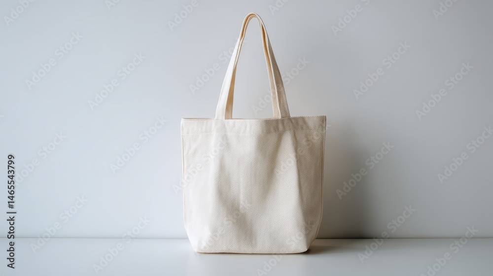 Poster a folded reusable cloth tote bag in neutral tones rests on a clean white surface, showcasing its sli