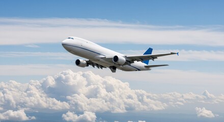 Fototapeta premium Large white cargo airplane with blue stripe flying through a bright blue sky with white cumulus clouds, high concept logistics for shipping and supply chain.