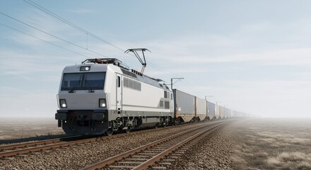 Obraz premium A cargo train on rails is moving along a track in a dry and hazy landscape. Transport of goods and logistics concept for delivery and freight services.