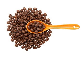 Fototapeta premium Roasted coffee beans with orange spoon on a white background view
