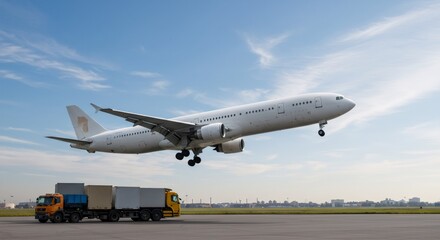 Commercial airplane climbing into the sky over an airport runway with a truck carrying containers. Air transportation and global logistics concept.