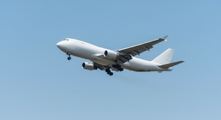 White cargo jet airplane flying in a clear blue sky with landing gear down, ready to land, concept of air transport and freight transportation