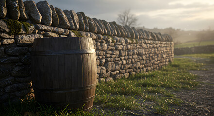 Obraz premium Rustic Wooden Barrel Beside Old Stone Wall In A Rural Landscape