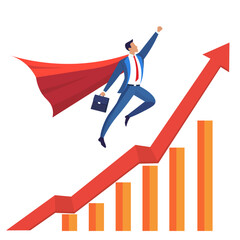 Growth or growing business success, increase sales or career improvement, earn more investment profit or earning, rising up or up trend concept, businessman superhero fly up exponential growth chart