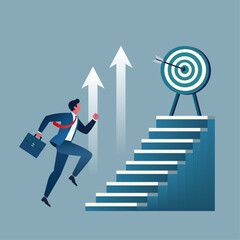 Businessman running to climb the ladder to success.
