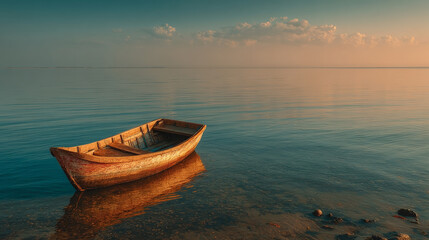 Naklejka premium A small wooden boat drifts alone on a tranquil golden sea beneath a vast, open sky. Generative AI