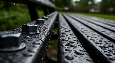 After The Rain Drops Rest On A Dark Metal Park Bench