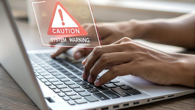 System warning hacked alert, cyberattack on computer network. Cybersecurity vulnerability, data breach, illegal connection, compromised information concept. Malicious software, virus and cybercrime.