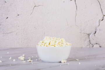 Fresh cottage cheese in a white bowl close-up.