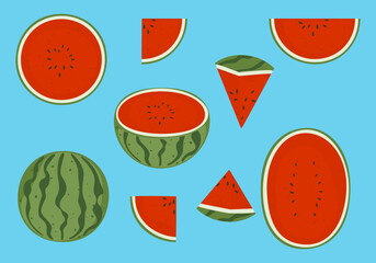 Vector illustration of a vegetable and fruit food set. Fresh watermelon, sliced, delicious. Isolated elements on blue background for inspirational poster, motivational slogan on organic, vegetarian.
