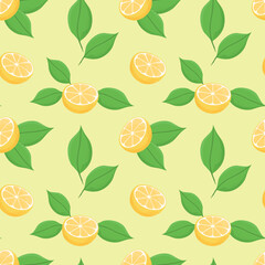 Vector Lemons seamless pattern with half cut lemons and lemon leafs on yellow background. Vector fruit yellow green pattern. 