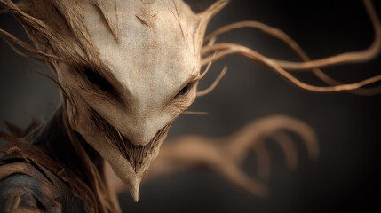 A hyper-realistic 3D render of Fiddlesticks, The Ancient Fear, emerging from the shadows with chilling precision. Generative AI