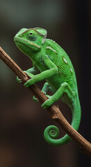 Fototapeta premium Green chameleon clinging to a branch with curled tail in rainforest environment