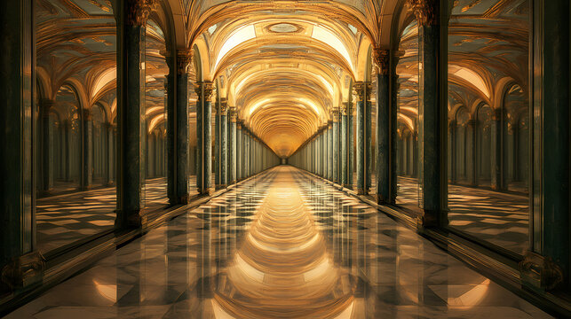 Endless hallway with shifting glass mirrors infinite reflection. [Architectural Dreams] | Recursive Halls | infinite hallway. Illustration