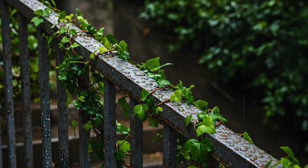 Naklejka premium Metal Railing Adorned With Ivy and Raindrops Reflecting Nature's Resilience
