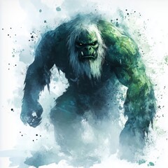 Watercolor illustration muscular troll figure with green skin, a white beard, and wild hair, set against a chaotic backdrop of paint splatters, evoking primal power and mythical intensity.