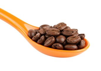 Fototapeta premium Roasted coffee beans in orange spoon isolated on white background
