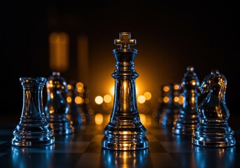 Chess pieces on a chessboard illuminated with a golden light in a dark setting