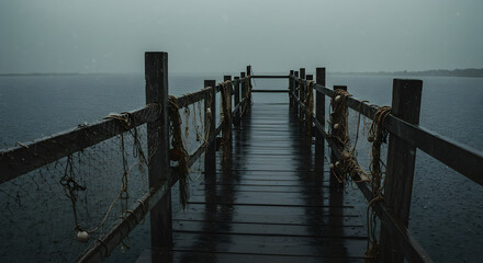 Obraz premium Wooden Pier Under Overcast Sky And Misty Rain Perspective Scene