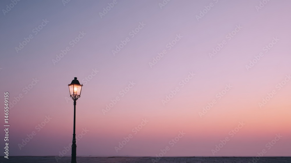 Poster An ornate lamp post softly glows under a gradient sky transitioning from warm orange to deep violet. The setting captures the tranquility of dusk by the waterfront