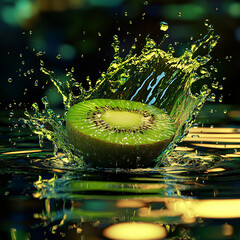 Fresh green kiwi fruit slice in a water splash