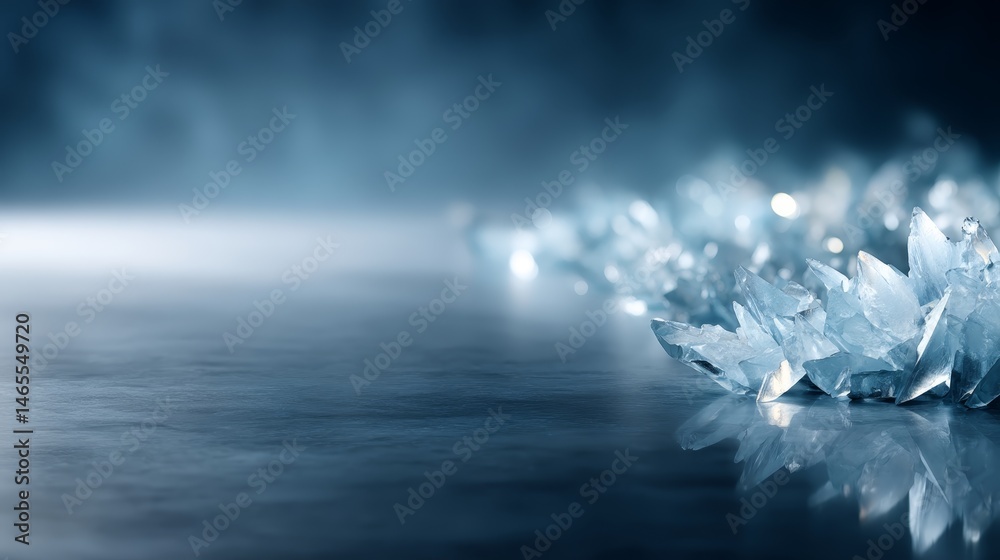 Fototapete Scattered glass shards glisten on a smooth reflective surface under cool ambient light, creating an abstract display of sharp edges and depth