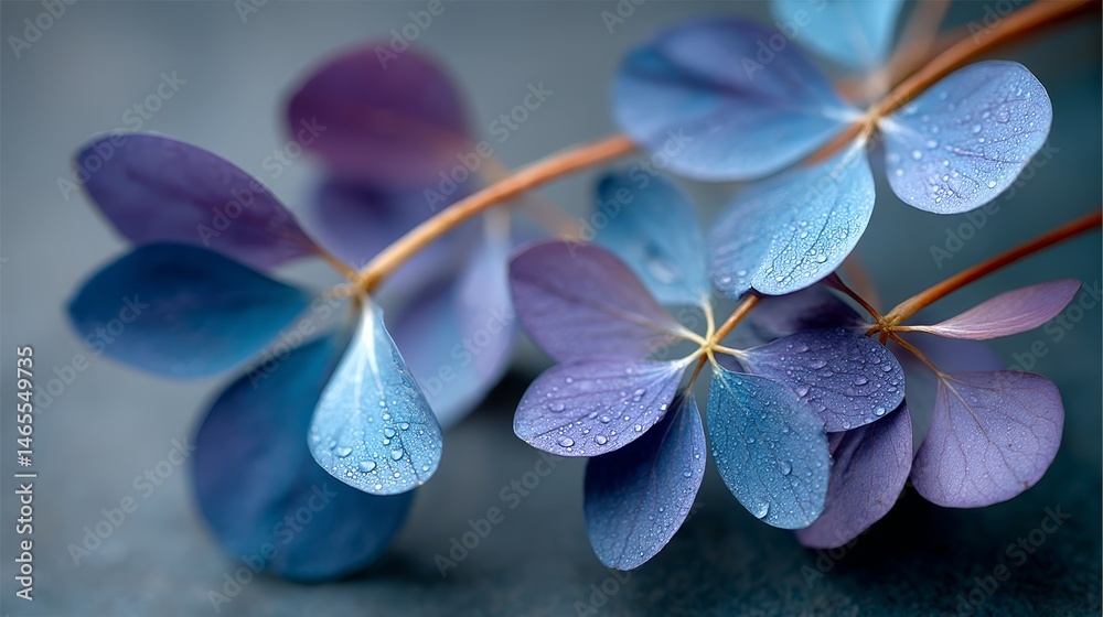 Leinwandbilder indigo petals display a captivating sheen from tiny droplets, softly illuminated from above, with a 