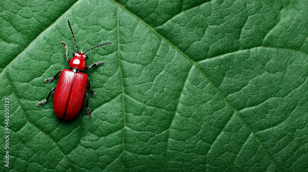 Poster a vibrant red beetle explores a textured green leaf, illuminated by natural sunlight that highlights