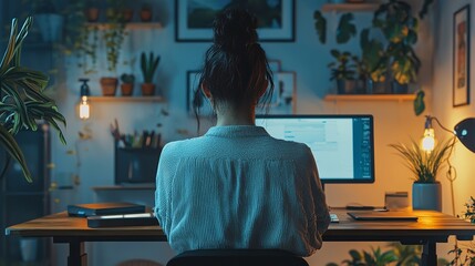 "Freelancer Working on a Laptop in a Well-Lit Home Office with Greenery and a Scenic View"