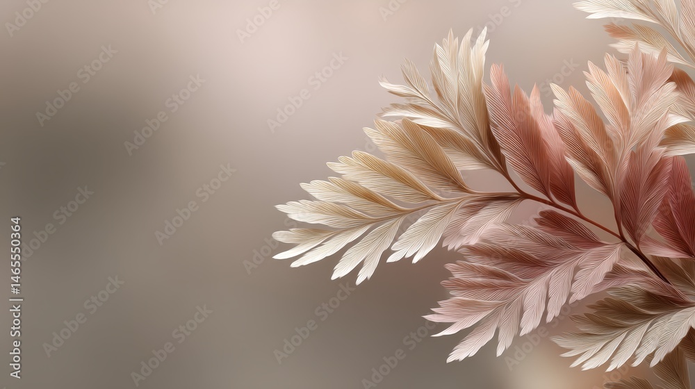 Poster a macro shot features a delicate fern leaf with intricate veins in soft beige and taupe tones. the b