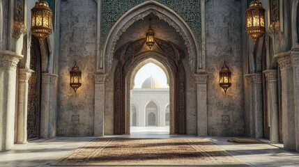 Obraz premium Sunlit Mosque Entrance: Intricate Archways and Golden Lanterns