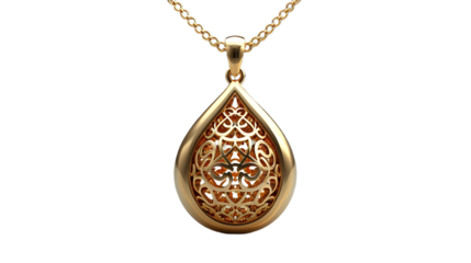 Elegant gold teardrop pendant necklace isolated on transparent background