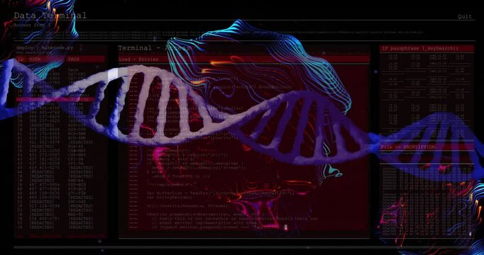 DNA double helix graphic swirling in scene, with neon code windows and encryption panel