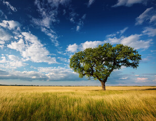 Fototapeta premium lone tree under vast blue sky with dramatic clouds in open field landscape