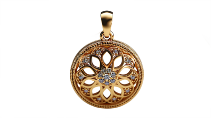 Ornate gold necklace with detailed pendant isolated on transparent background