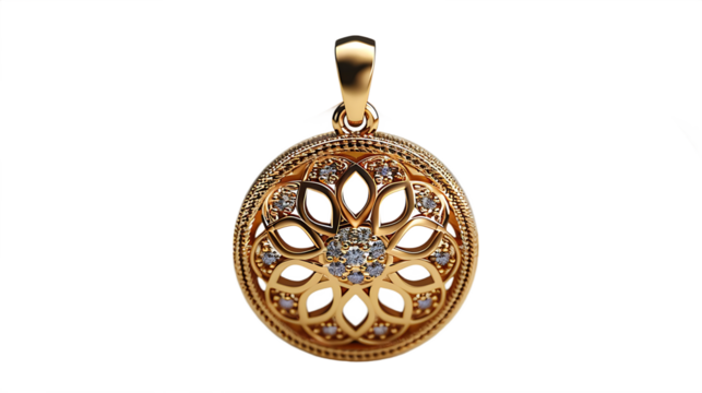 Ornate gold necklace with detailed pendant isolated on transparent background