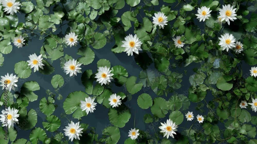 Poster water lilies create a tranquil scene on a still water surface, forming an organic pattern with refle