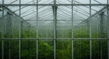Greenhouse Window Panes Streaked With Rain Drops Obscuring Lush Greenery Inside