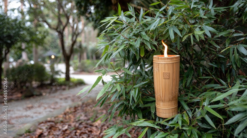 Poster a bamboo torch softly glows with a flickering flame, surrounded by lush green foliage and warm bokeh