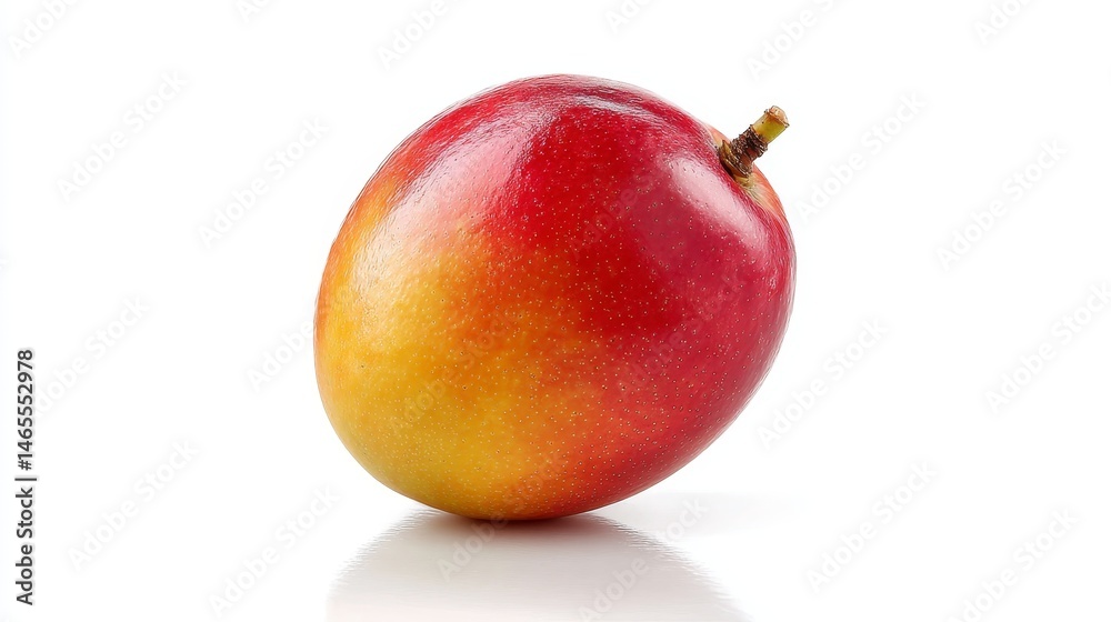 Poster a ripe mango with a rich blend of warm gradient colors is presented against a clean white backdrop, 