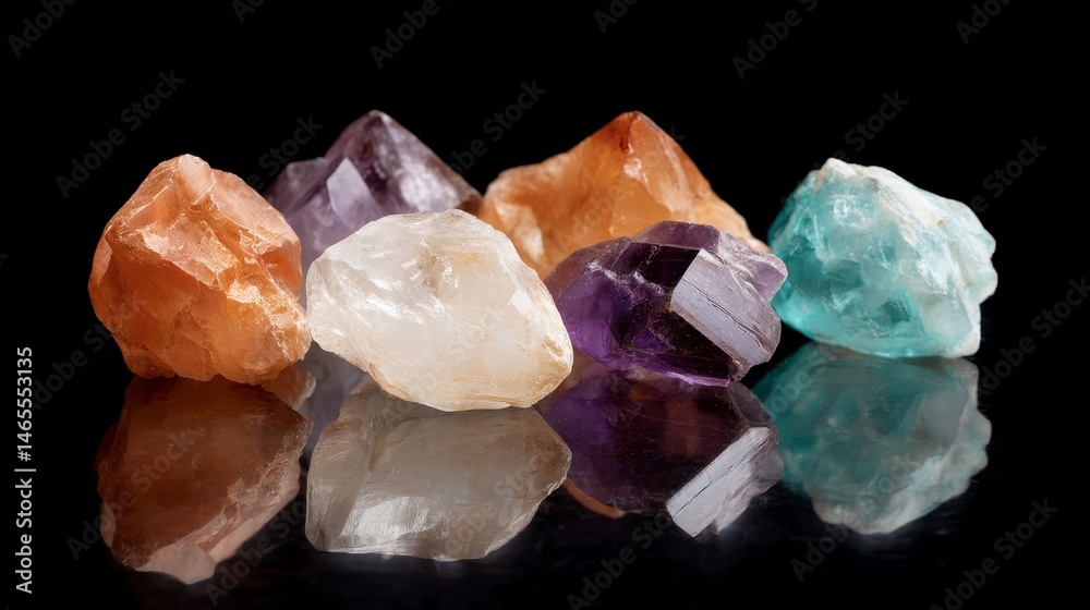 Aufkleber a vibrant cluster of multicolored quartz crystals catches the light against a black textured surface