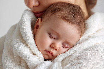 Mother cradles sleeping baby in soft blanket during quiet afternoon indoors
