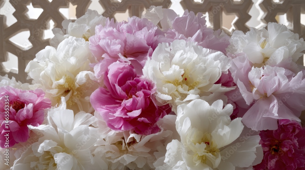 Poster close-up view features delicate peony flowers in interlocking octagons, showcasing an elegant blend 