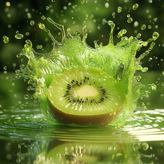 A green kiwi slice drops into water with a juicy splash, its wet surface showing fresh drops in a healthy closeup