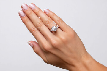 Elegant hand displaying a stunning engagement ring with a large center diamond and delicate band