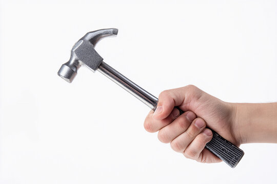 Hand holding a metallic hammer ready for construction or repair tasks indoors
